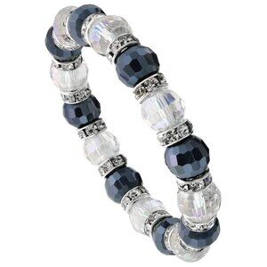 Black & Clear Crystal Beads, Stretch Bracelet